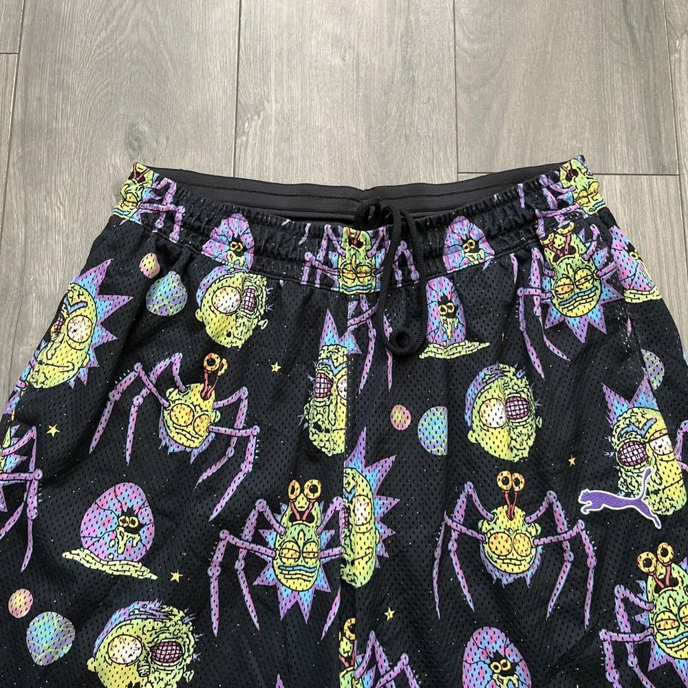 Puma X Rick & Morty Mesh Athletic Shorts Drawstring Mens XL Black Purple Green